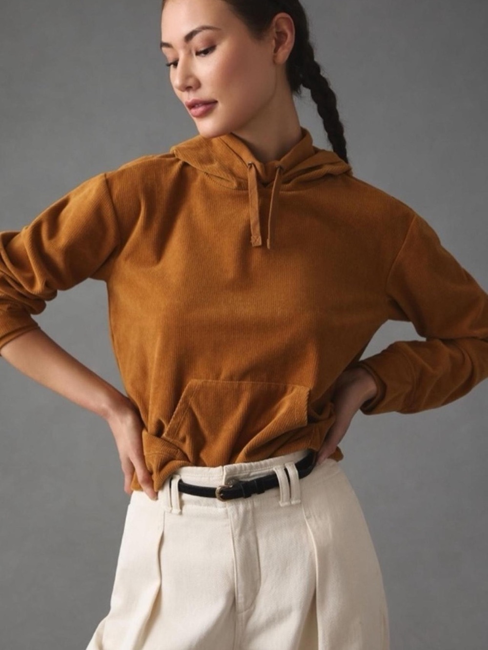 Daily practice Anthropologie mustard brown corduroy pullover ribbed hoodie